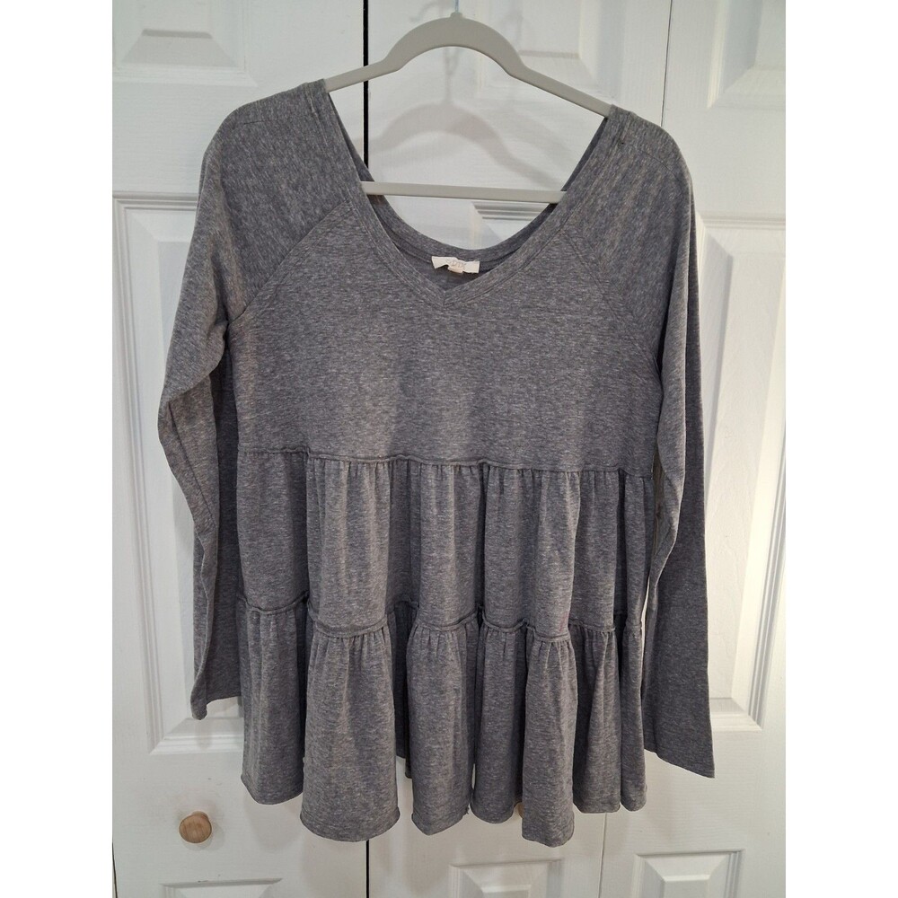 ODDI Gray Heathered Knit Long Sleeve Tiered Babydoll Boho-Chic Cottagecore sz:L